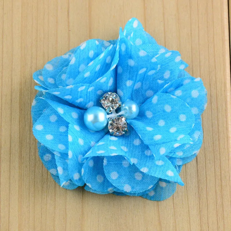 2" 16colors Newborn Dot Chiffon Flower+Rhinestones Pearls For Kids Girls Hair Accessories Fabric Flowers For Headbands - Image 4